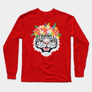 White Tiger and Tropical Flowers Long Sleeve T-Shirt